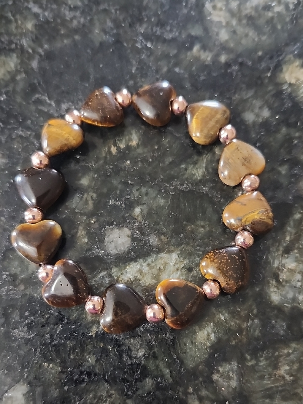 Handmade Heart-Shaped Brown Tiger's Eye and Gold Beaded Bracelet